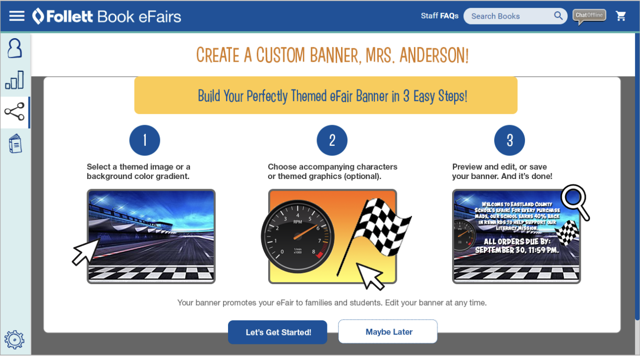 Follett Book eFairs custom banner promo page desktop and mobile views