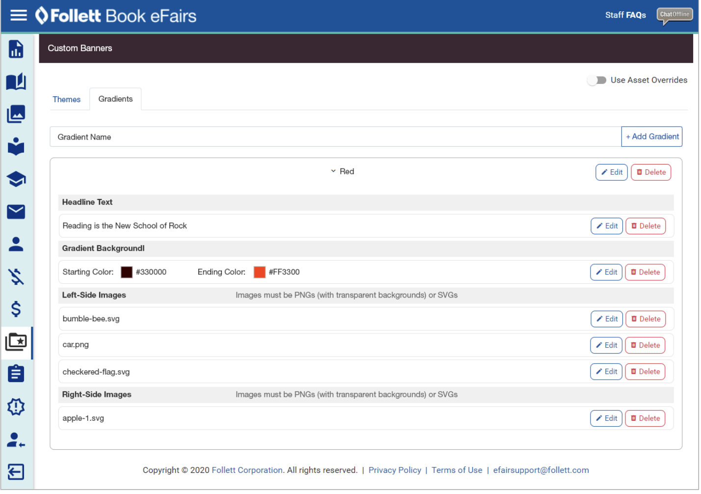 eFairs administrator tool for managing banner gradients