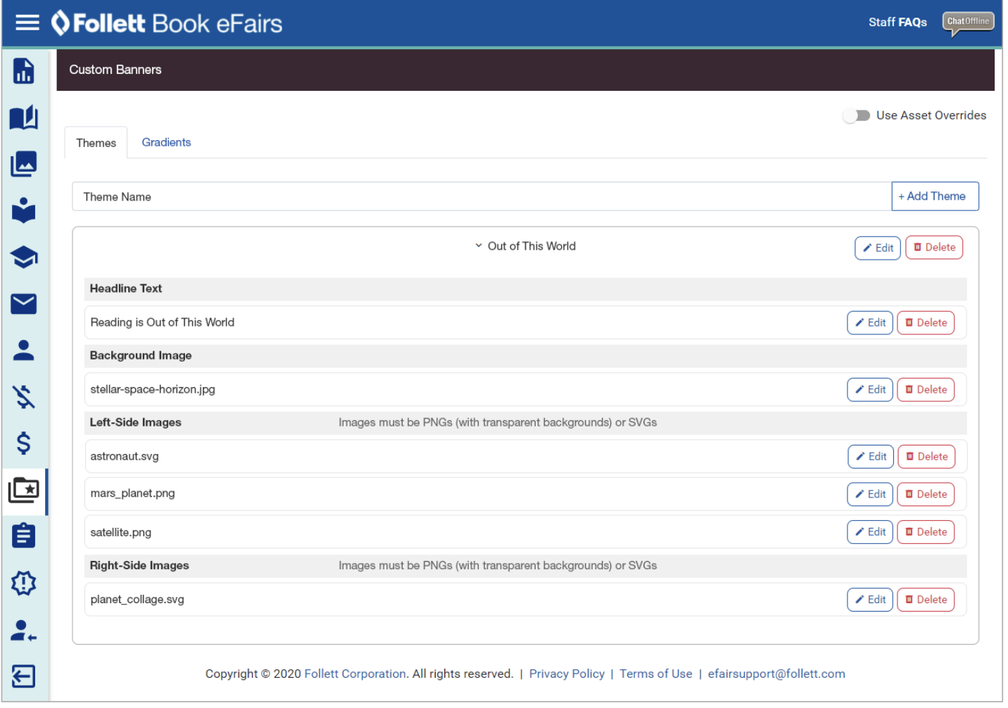 eFairs administrator tool for managing banner themes