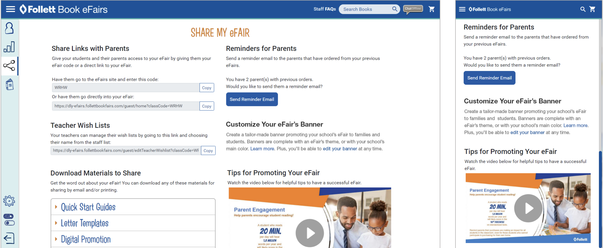 Follett Book eFairs share page desktop and mobile views