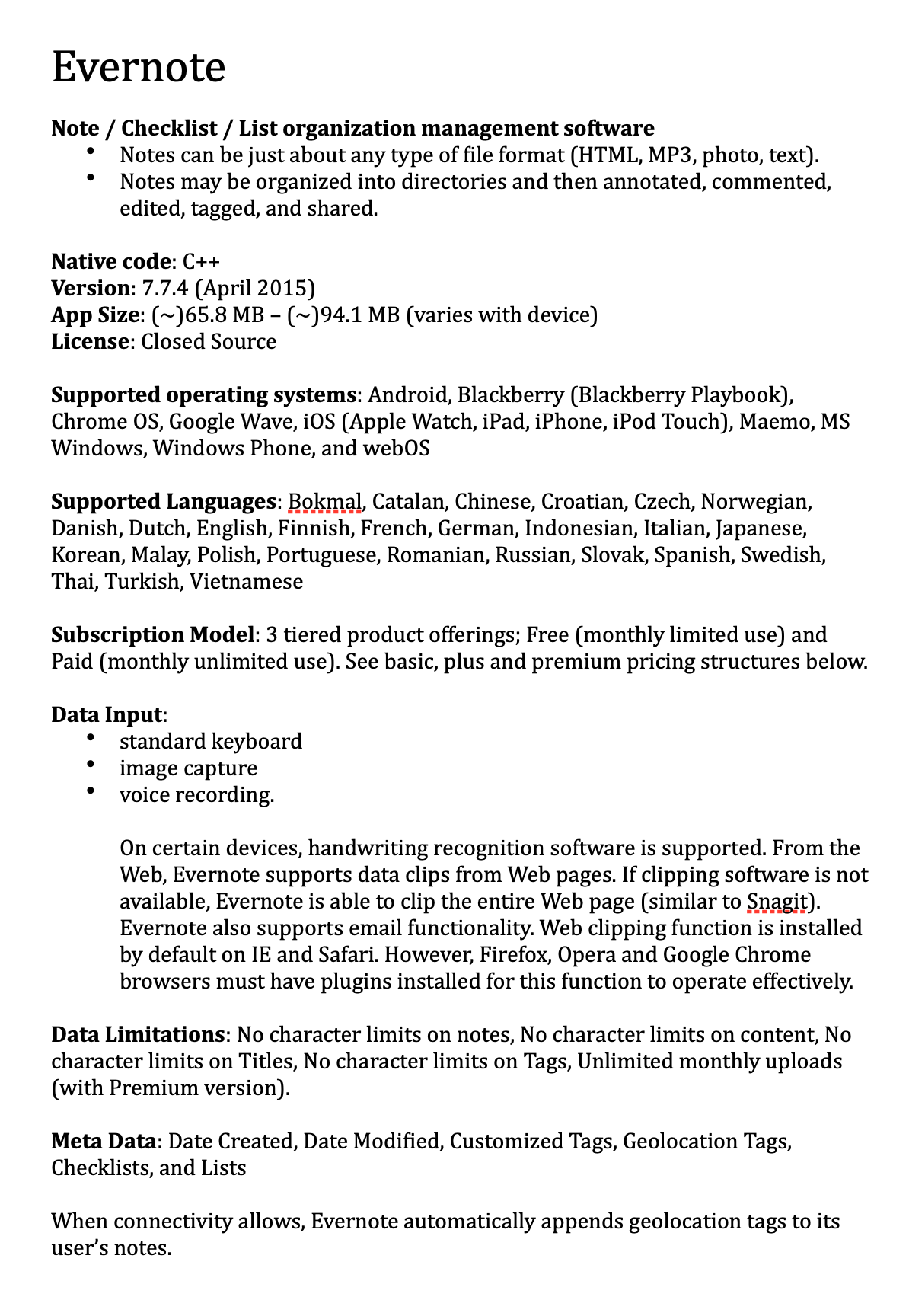 Evernote Feature Analysis