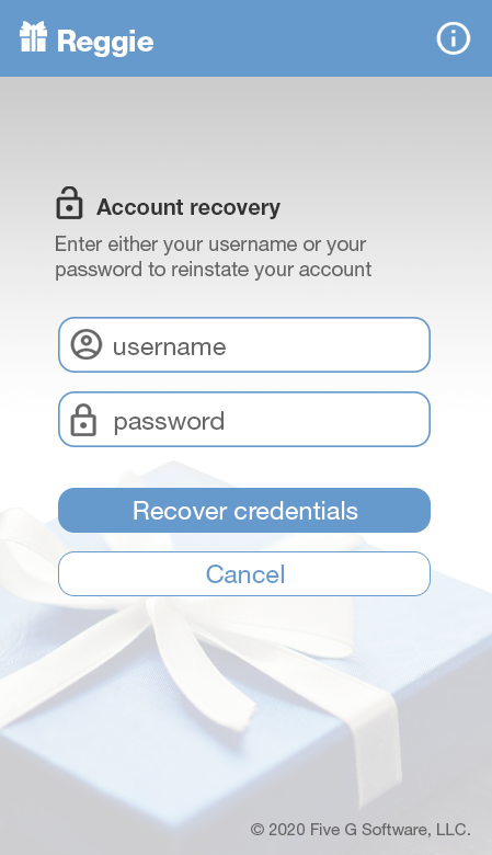 Reggie account recovery screen with username and password fields