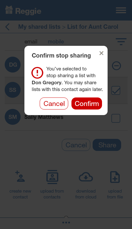 Confirmation modal asking the user to confirm stop sharing a list with a contact