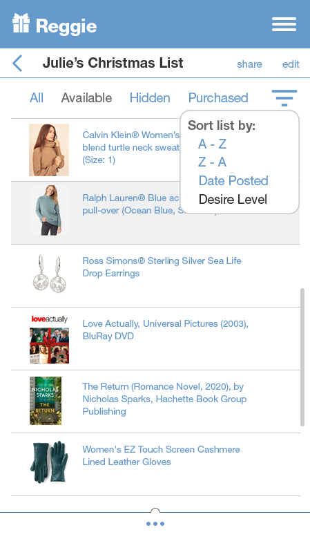 Gift list item screen with tabs for all, available, hidden, purchased and a sort menu