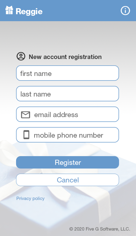 Reggie new account registration screen with name, email, and mobile phone fields