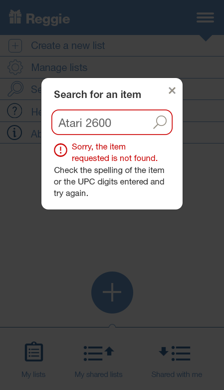 Search error modal showing an item not found message