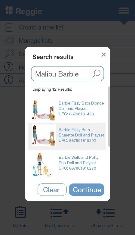 Search results modal showing product thumbnails, titles, UPCs, and selected result row