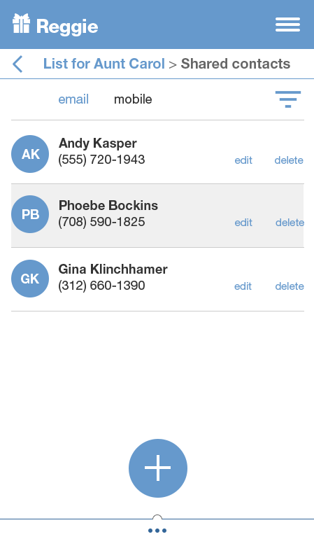 Shared contacts list showing names, phone numbers, edit, and delete actions